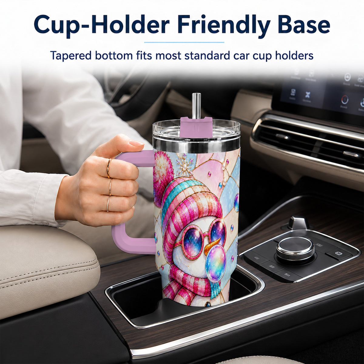 #pl[40oz|Pink] Colorful Snowman 40oz Tumbler with Handle, Winter Stainless Steel Travel Cup