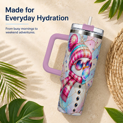 #pl[40oz|Pink] Colorful Snowman 40oz Tumbler with Handle, Winter Stainless Steel Travel Cup