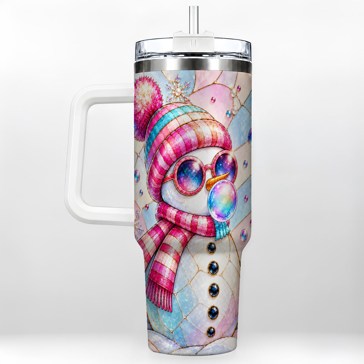 Colorful Snowman 40oz Tumbler with Handle, Winter Stainless Steel Travel Cup