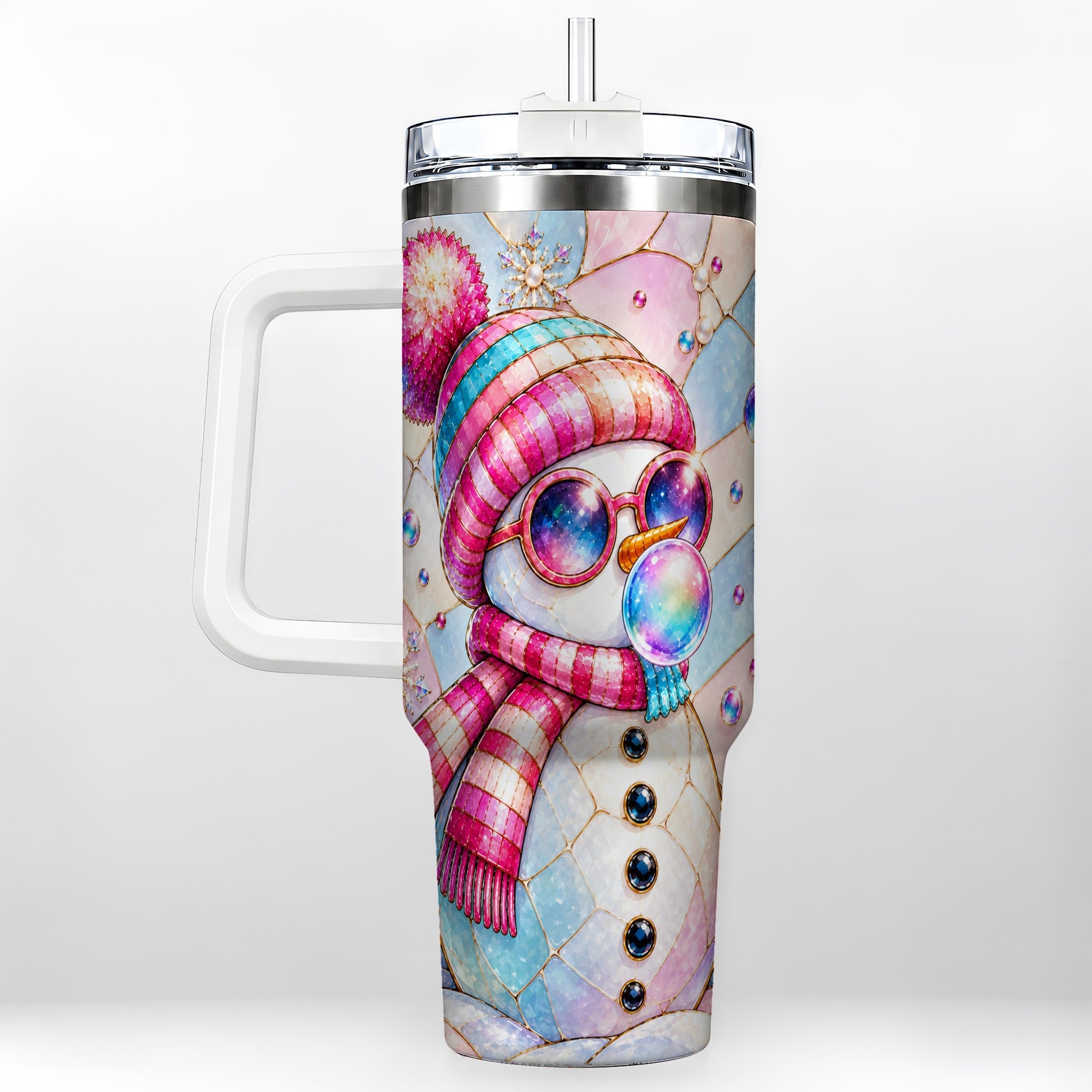 Colorful Snowman 40oz Tumbler with Handle, Winter Stainless Steel Travel Cup
