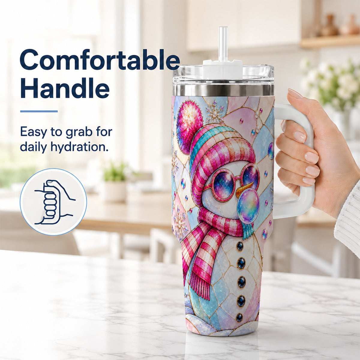 #pl[40oz|White] Colorful Snowman 40oz Tumbler with Handle, Winter Stainless Steel Travel Cup