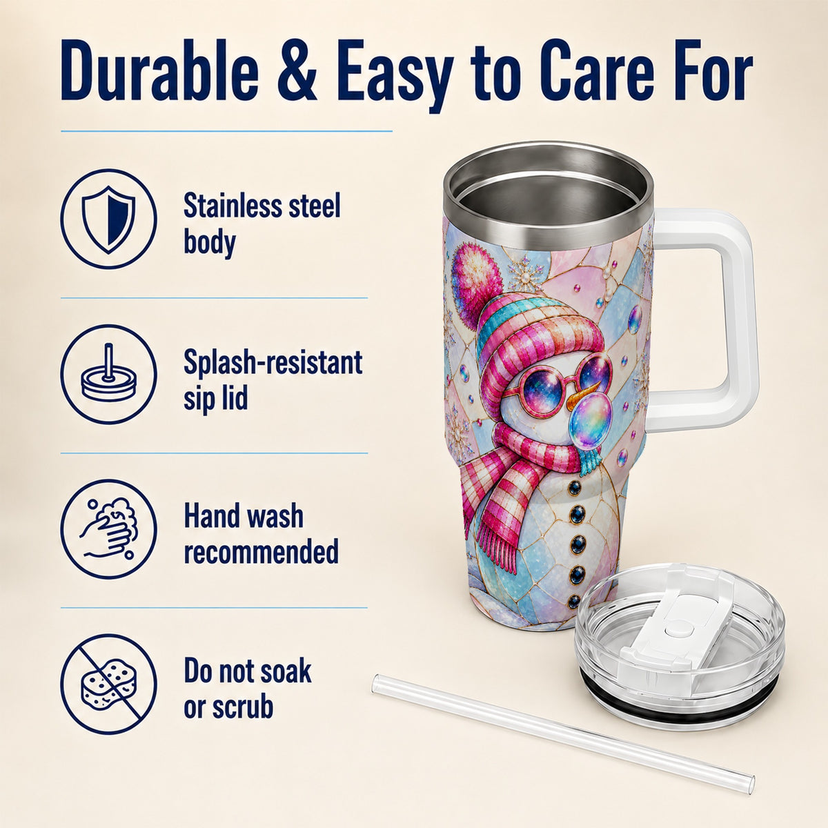 #pl[40oz|White] Colorful Snowman 40oz Tumbler with Handle, Winter Stainless Steel Travel Cup