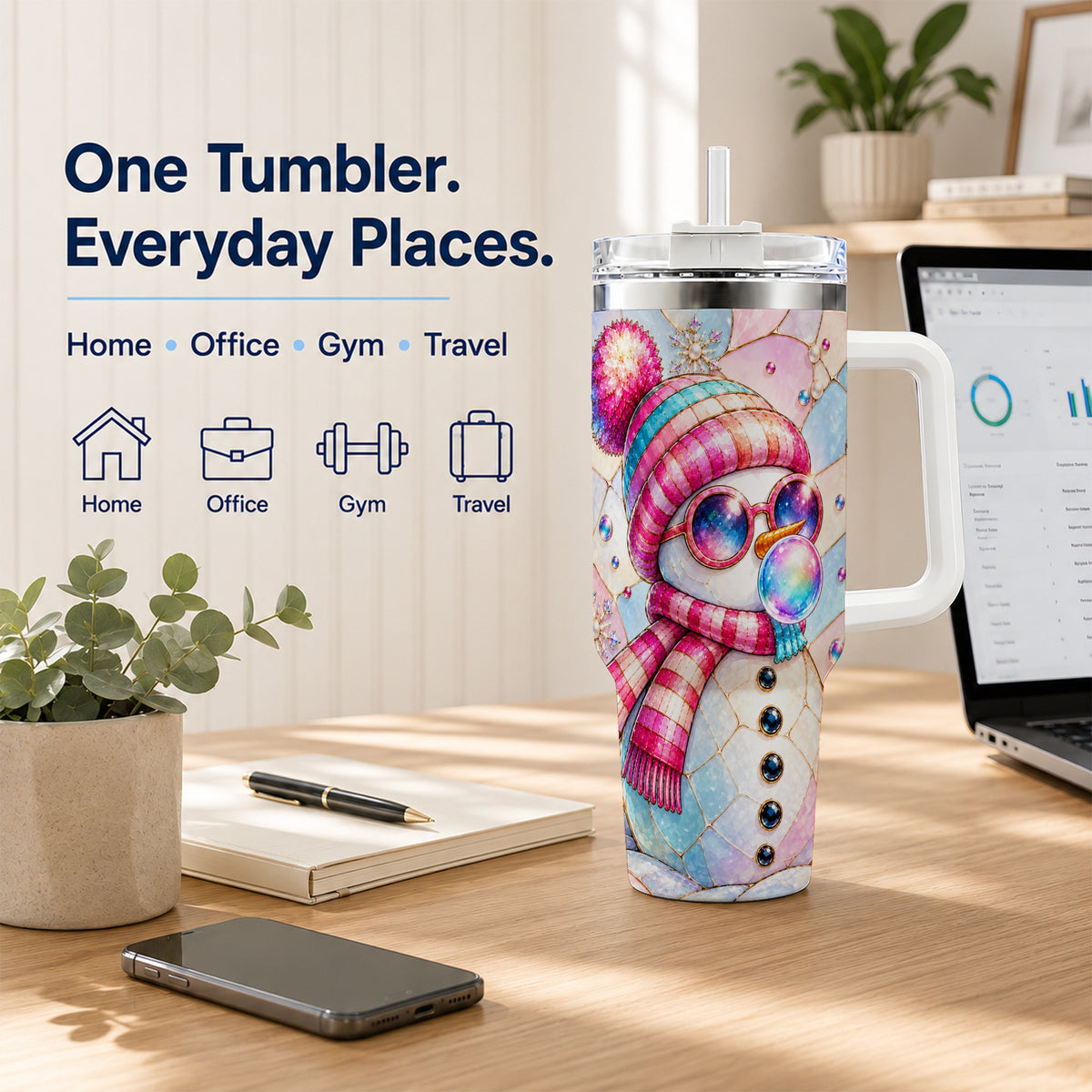 #pl[40oz|White] Colorful Snowman 40oz Tumbler with Handle, Winter Stainless Steel Travel Cup