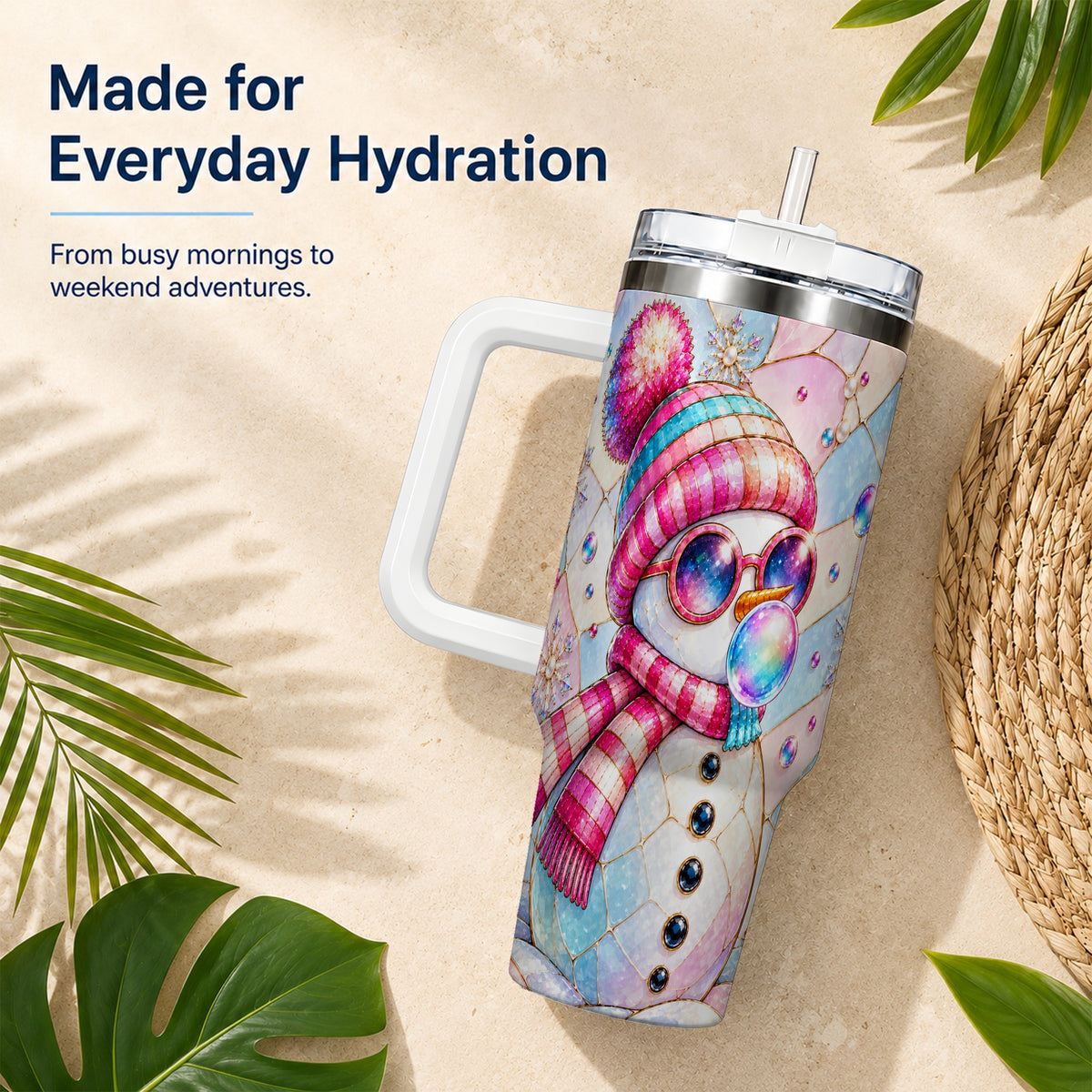 #pl[40oz|White] Colorful Snowman 40oz Tumbler with Handle, Winter Stainless Steel Travel Cup