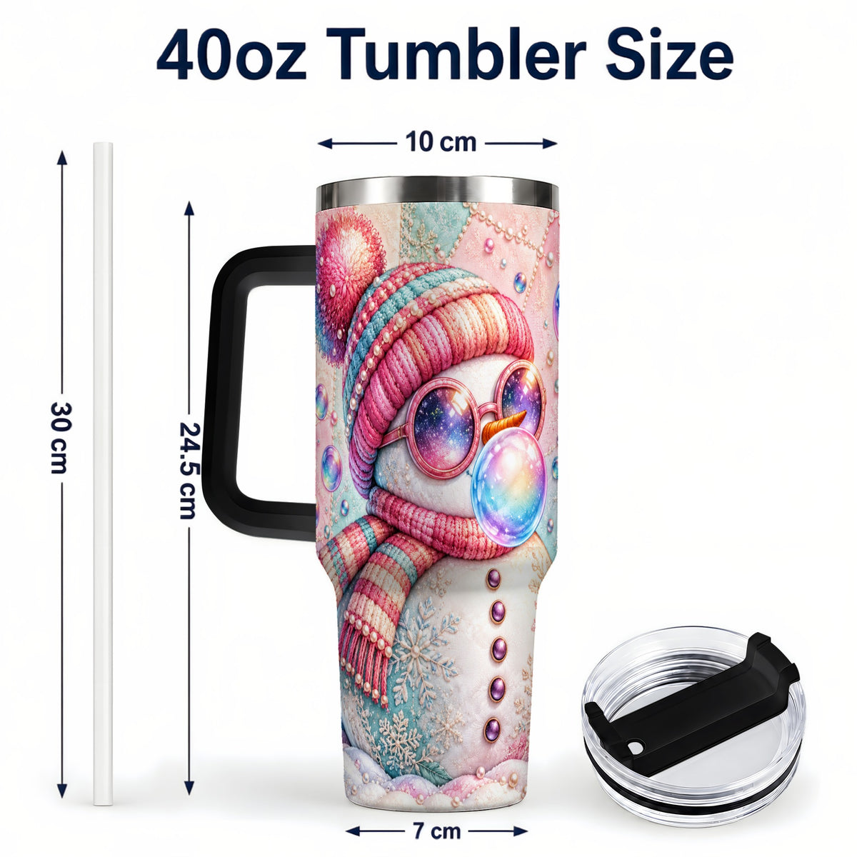 #pl[40oz|Black] Pink Snowman 40oz Tumbler with Handle, Winter Stainless Steel Travel Cup