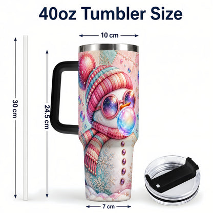 #pl[40oz|Black] Pink Snowman 40oz Tumbler with Handle, Winter Stainless Steel Travel Cup