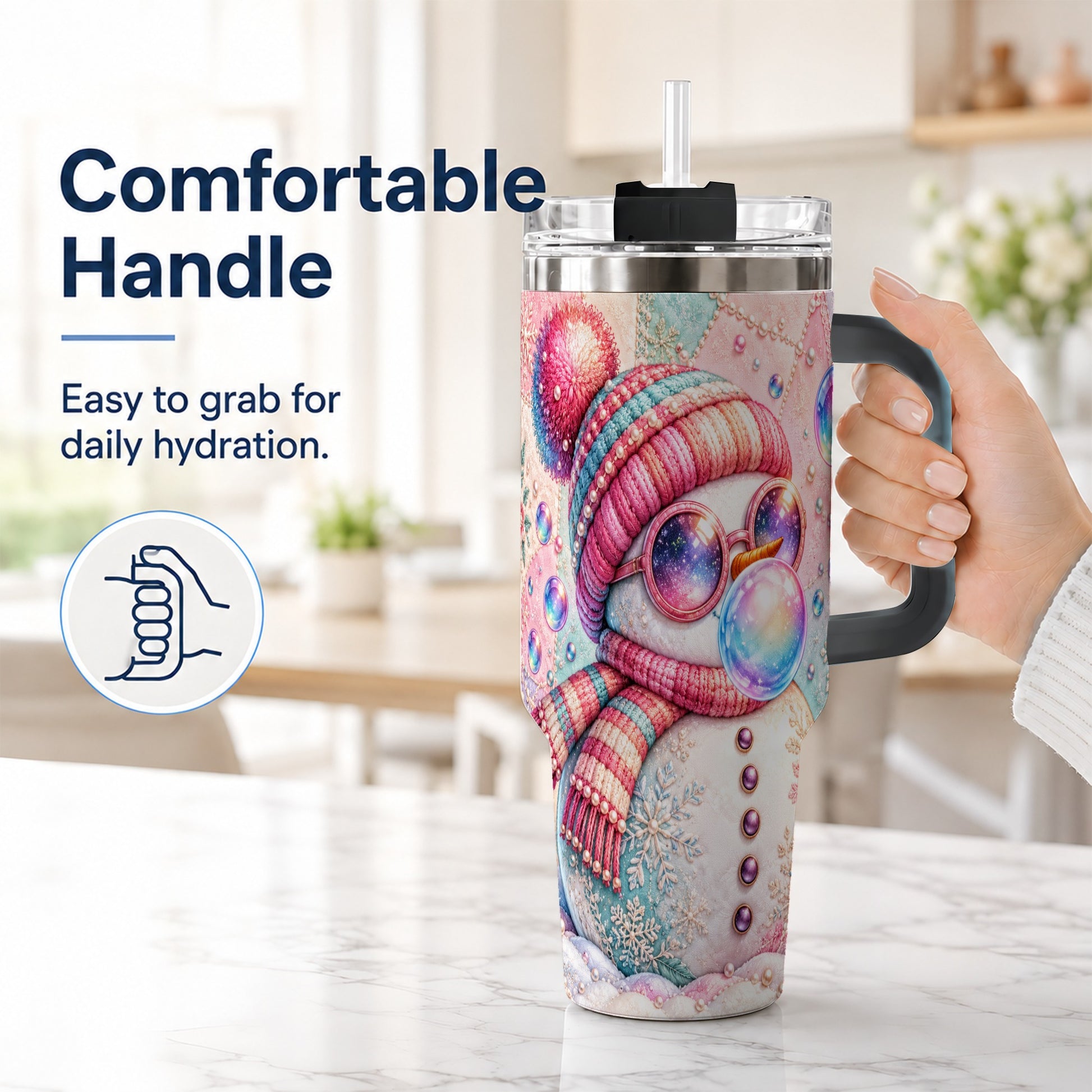 #pl[40oz|Black] Pink Snowman 40oz Tumbler with Handle, Winter Stainless Steel Travel Cup