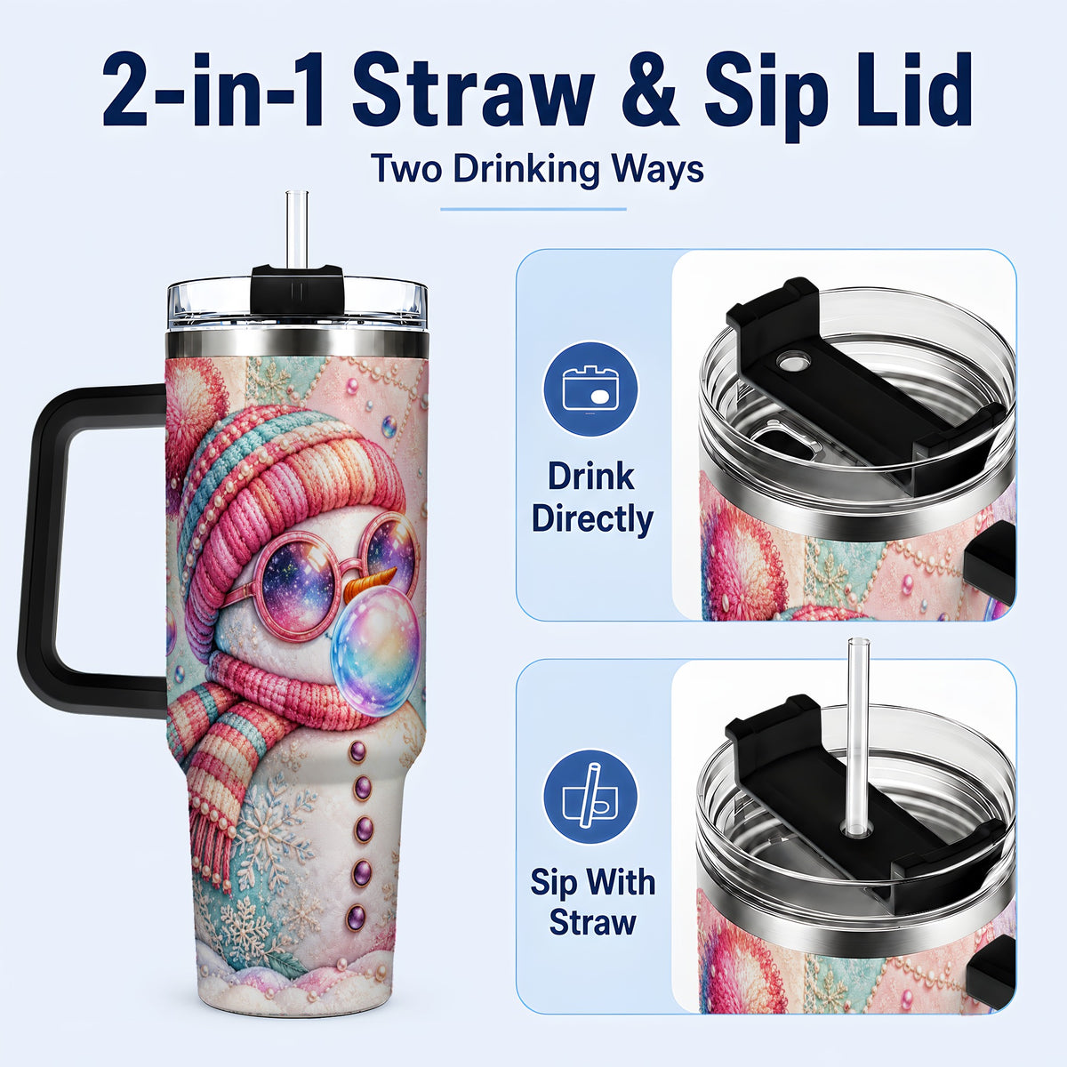 #pl[40oz|Black] Pink Snowman 40oz Tumbler with Handle, Winter Stainless Steel Travel Cup