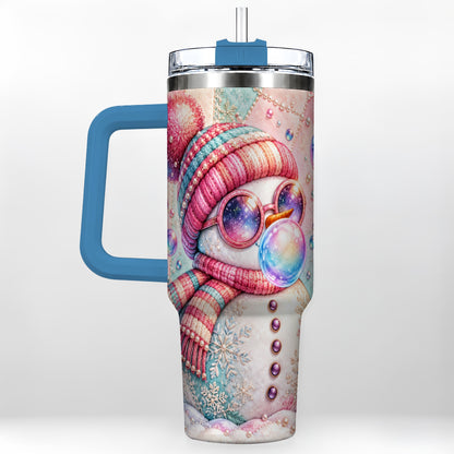 #pl[40oz|Blue] Pink Snowman 40oz Tumbler with Handle, Winter Stainless Steel Travel Cup