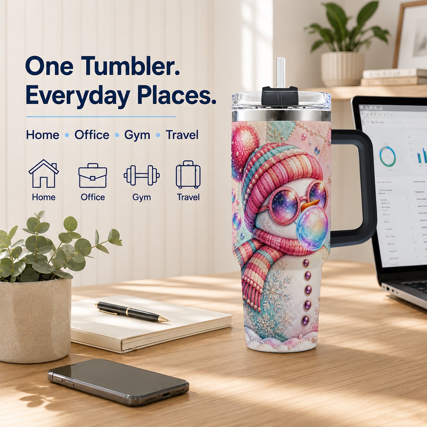 #pl[40oz|Black] Pink Snowman 40oz Tumbler with Handle, Winter Stainless Steel Travel Cup