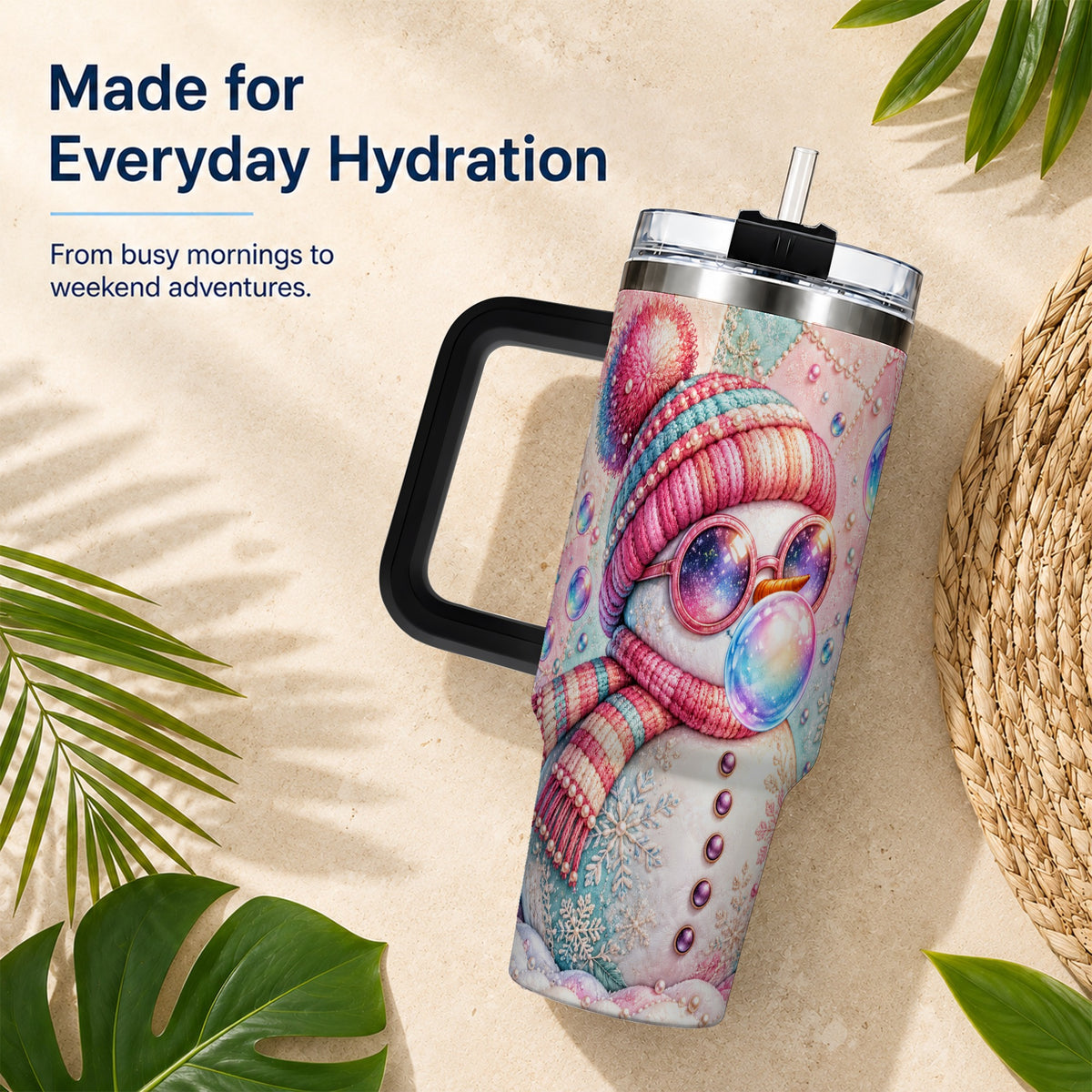 #pl[40oz|Black] Pink Snowman 40oz Tumbler with Handle, Winter Stainless Steel Travel Cup