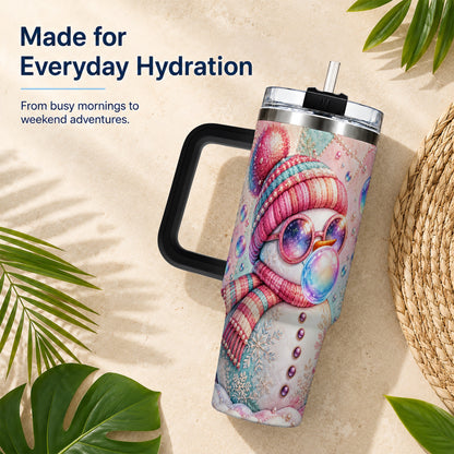 #pl[40oz|Black] Pink Snowman 40oz Tumbler with Handle, Winter Stainless Steel Travel Cup