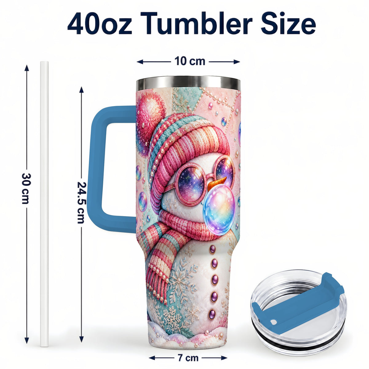 #pl[40oz|Blue] Pink Snowman 40oz Tumbler with Handle, Winter Stainless Steel Travel Cup