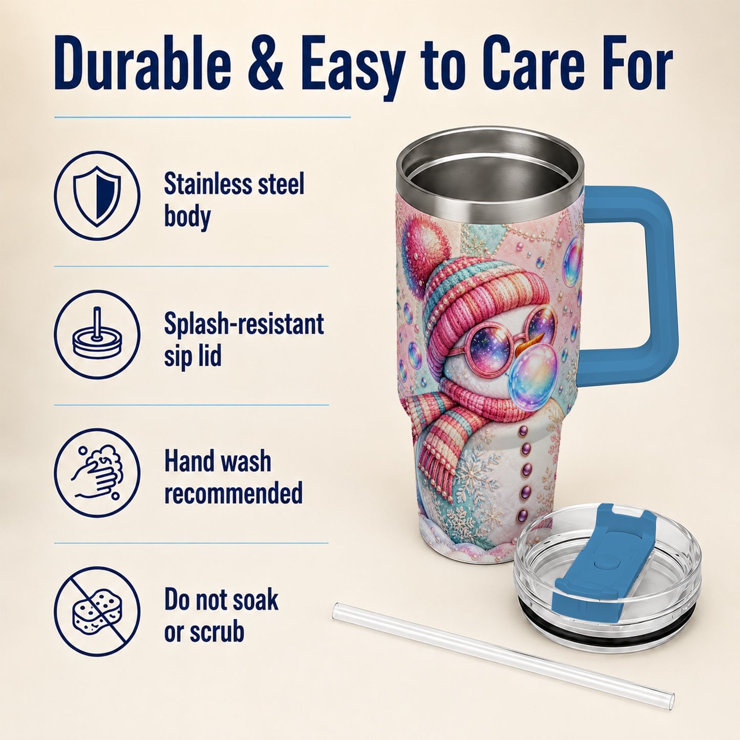 #pl[40oz|Blue] Pink Snowman 40oz Tumbler with Handle, Winter Stainless Steel Travel Cup