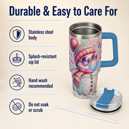 #pl[40oz|Blue] Pink Snowman 40oz Tumbler with Handle, Winter Stainless Steel Travel Cup