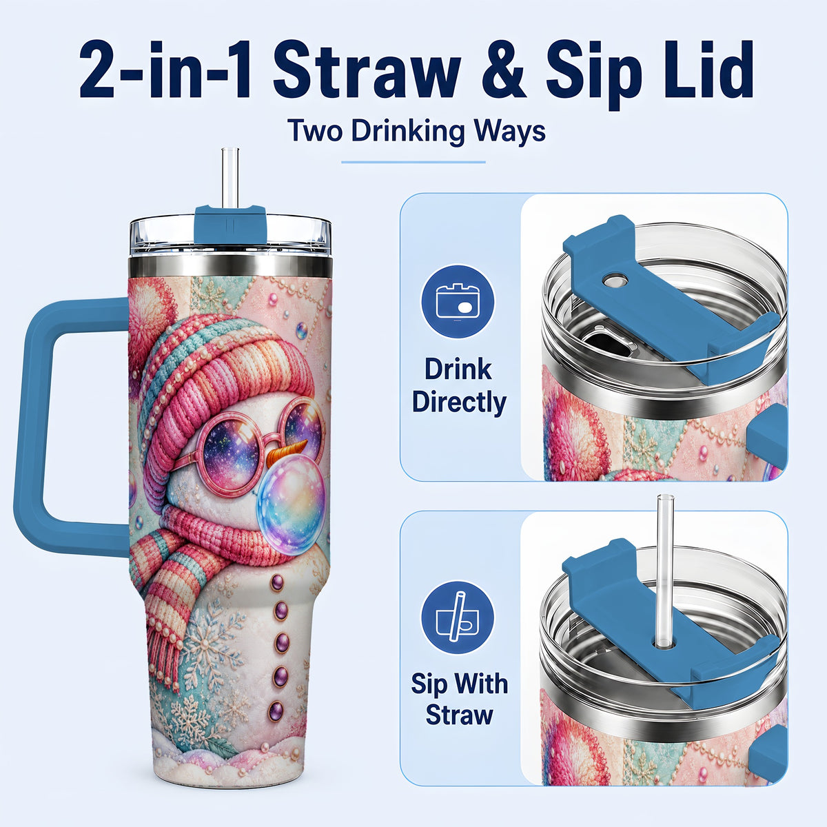 #pl[40oz|Blue] Pink Snowman 40oz Tumbler with Handle, Winter Stainless Steel Travel Cup
