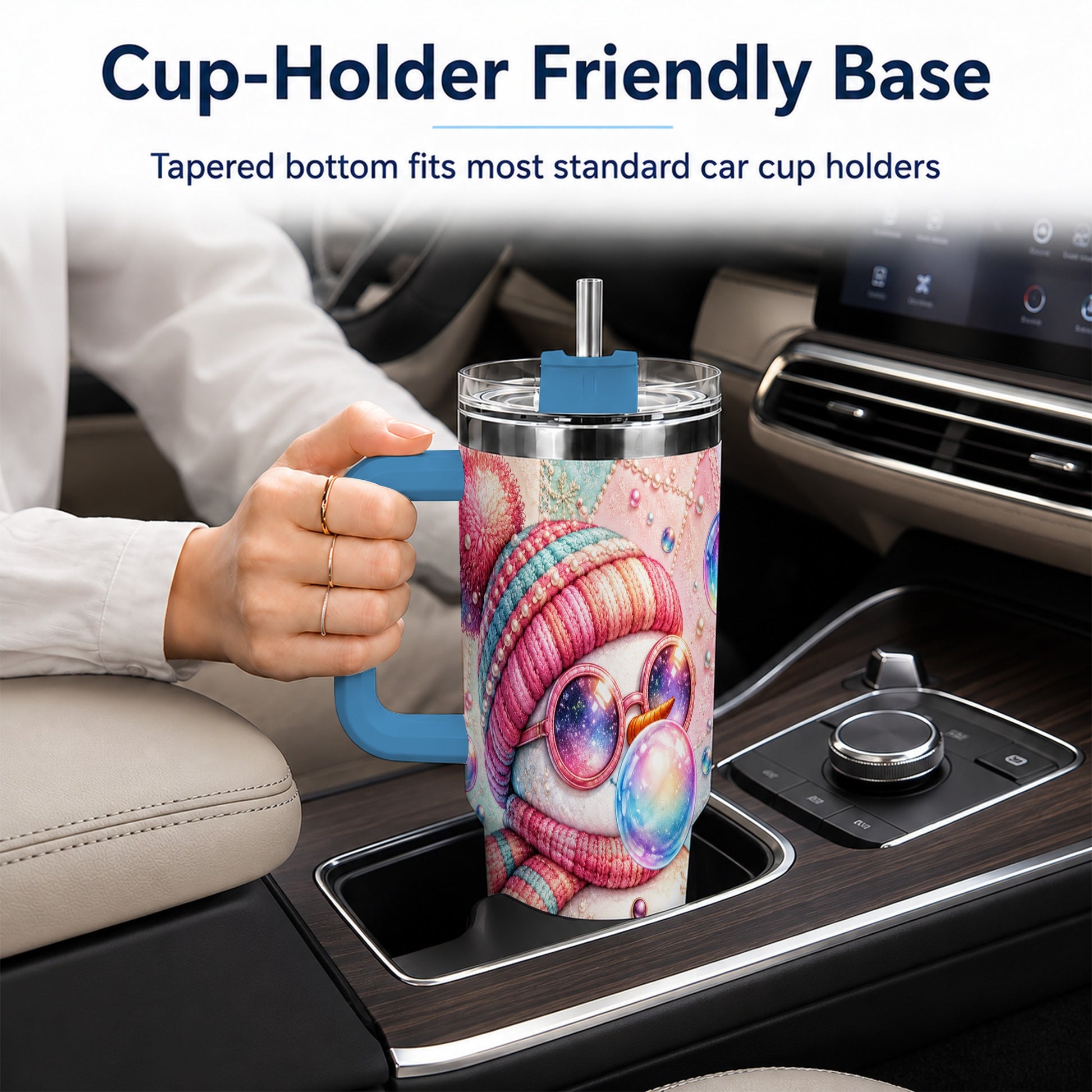 #pl[40oz|Blue] Pink Snowman 40oz Tumbler with Handle, Winter Stainless Steel Travel Cup
