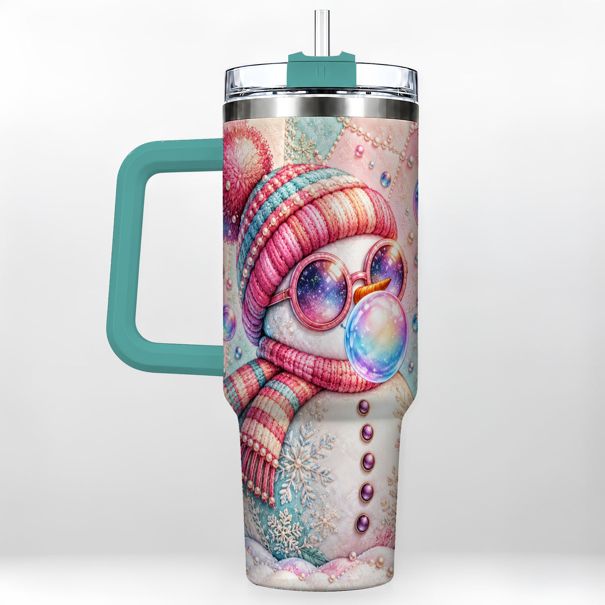 #pl[40oz|Green] Pink Snowman 40oz Tumbler with Handle, Winter Stainless Steel Travel Cup