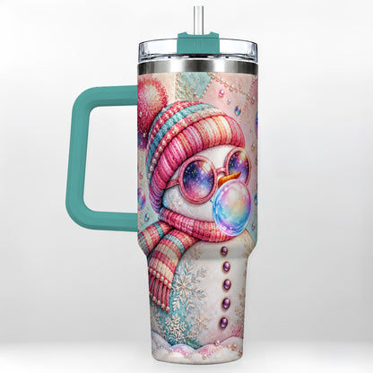 #pl[40oz|Green] Pink Snowman 40oz Tumbler with Handle, Winter Stainless Steel Travel Cup