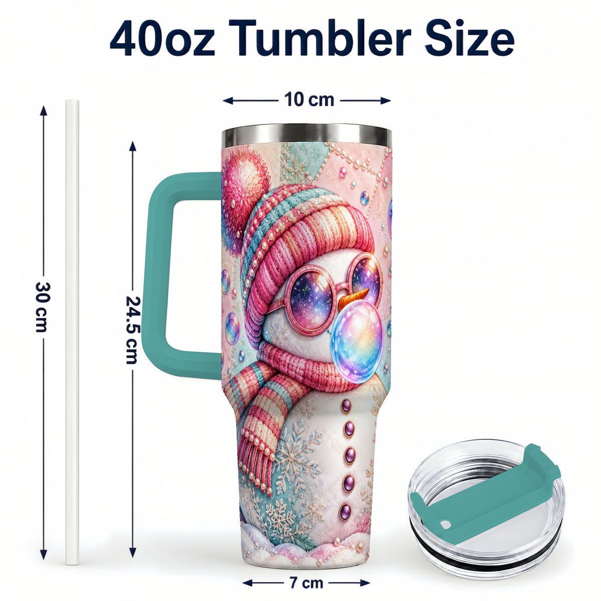 #pl[40oz|Green] Pink Snowman 40oz Tumbler with Handle, Winter Stainless Steel Travel Cup