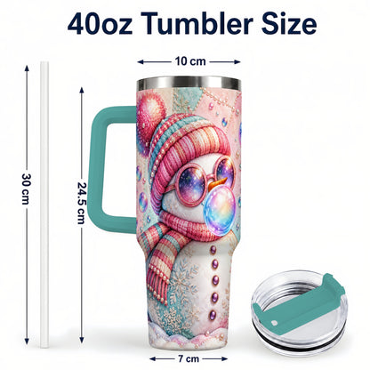 #pl[40oz|Green] Pink Snowman 40oz Tumbler with Handle, Winter Stainless Steel Travel Cup