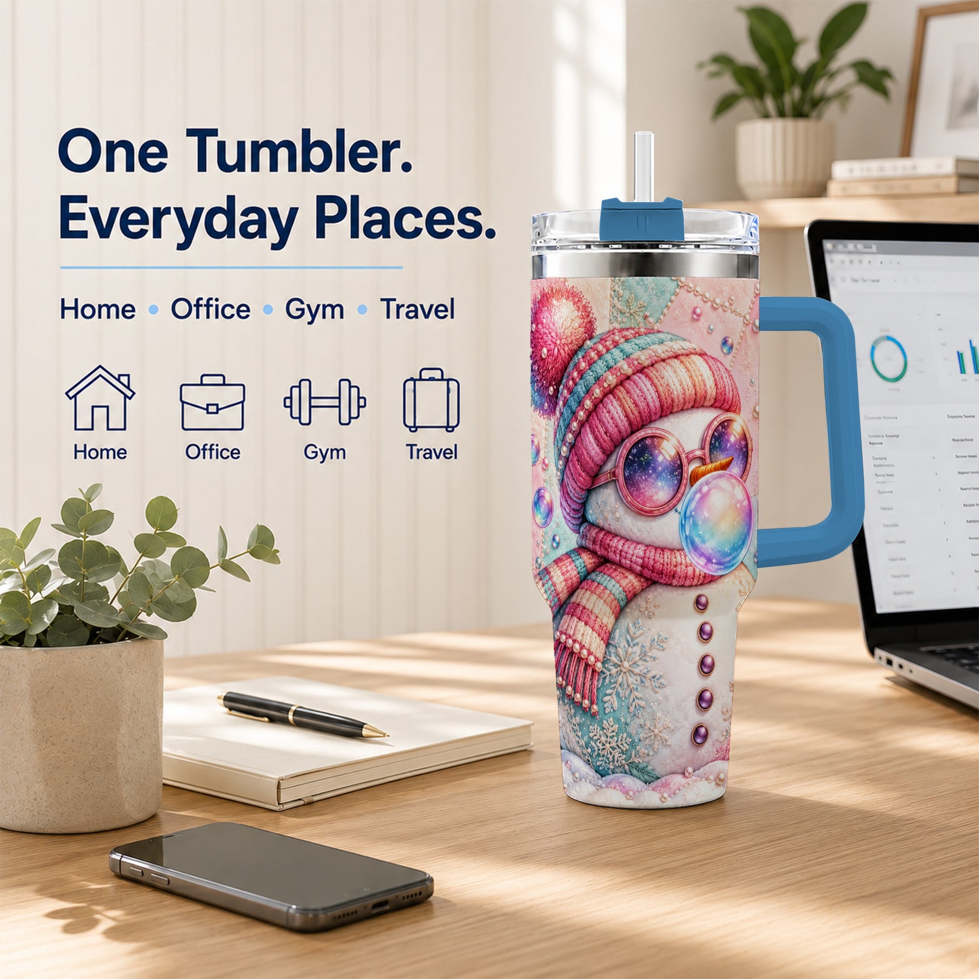 #pl[40oz|Blue] Pink Snowman 40oz Tumbler with Handle, Winter Stainless Steel Travel Cup