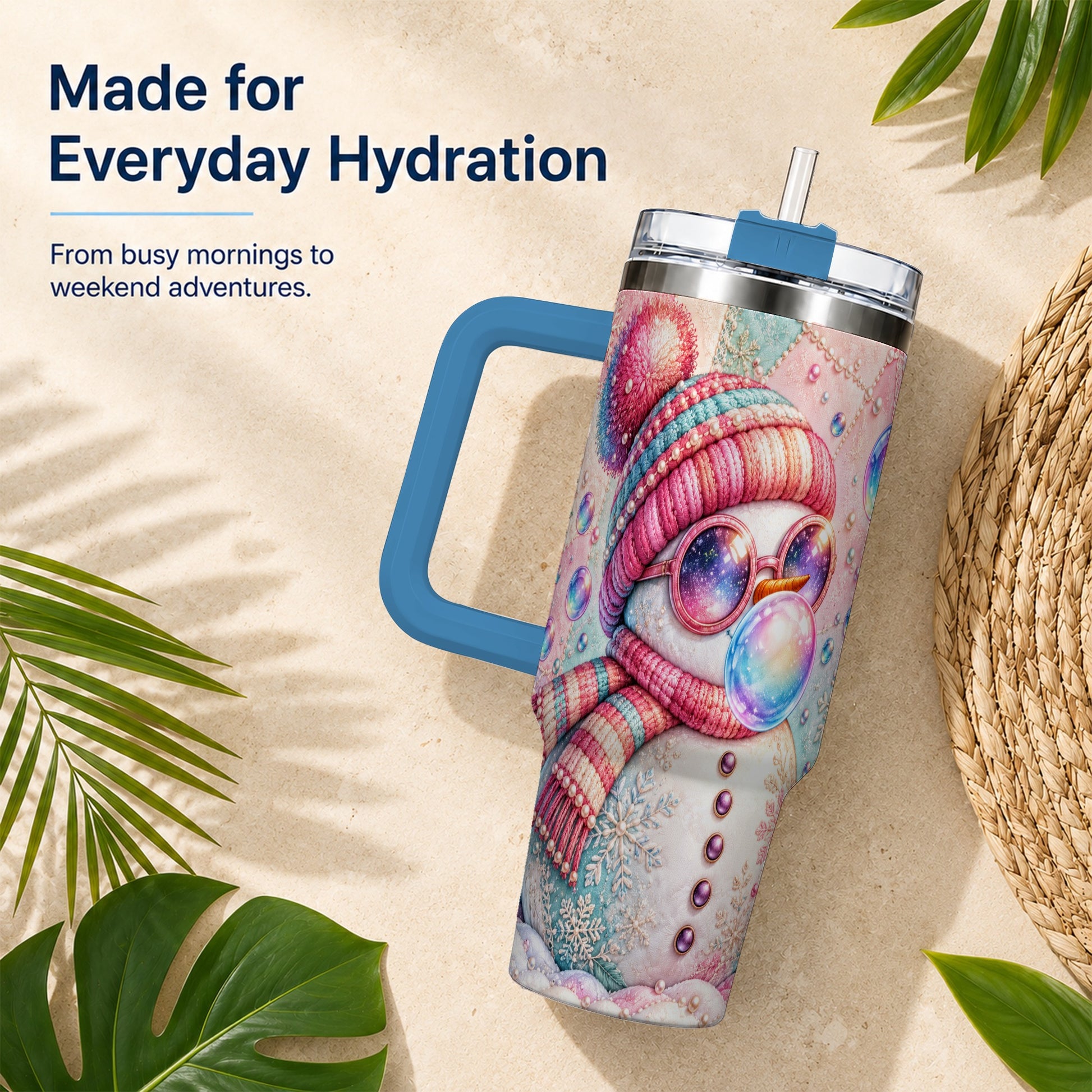 #pl[40oz|Blue] Pink Snowman 40oz Tumbler with Handle, Winter Stainless Steel Travel Cup