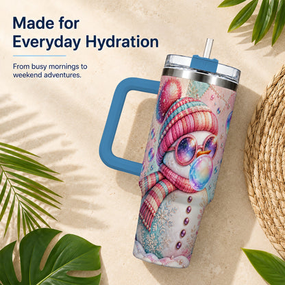 #pl[40oz|Blue] Pink Snowman 40oz Tumbler with Handle, Winter Stainless Steel Travel Cup