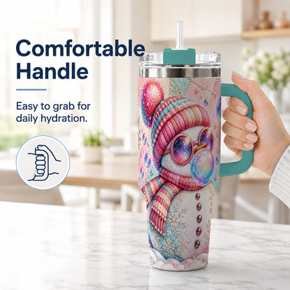 #pl[40oz|Green] Pink Snowman 40oz Tumbler with Handle, Winter Stainless Steel Travel Cup
