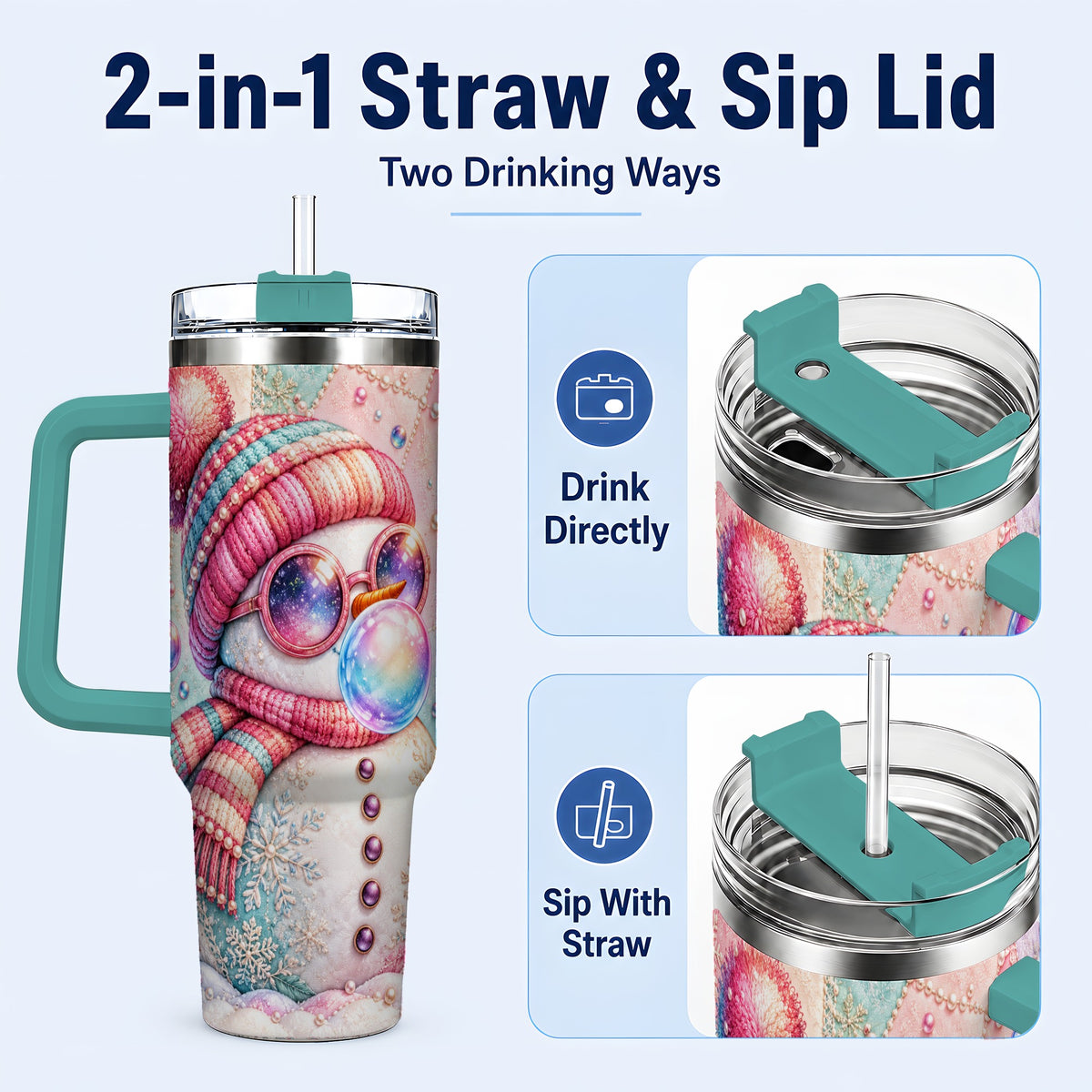 #pl[40oz|Green] Pink Snowman 40oz Tumbler with Handle, Winter Stainless Steel Travel Cup