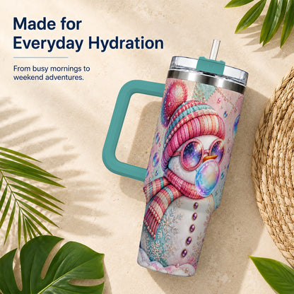#pl[40oz|Green] Pink Snowman 40oz Tumbler with Handle, Winter Stainless Steel Travel Cup