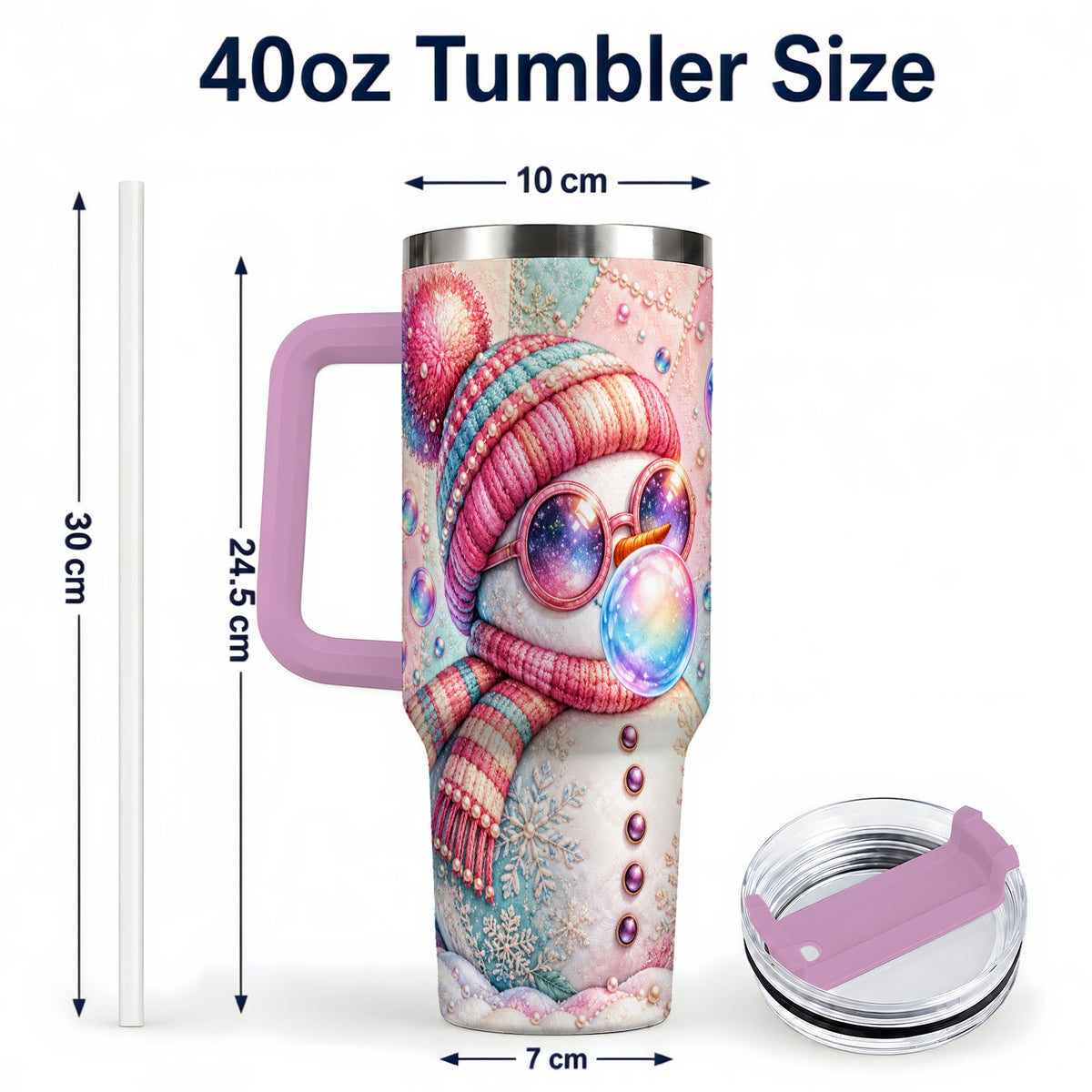 #pl[40oz|Pink] Pink Snowman 40oz Tumbler with Handle, Winter Stainless Steel Travel Cup
