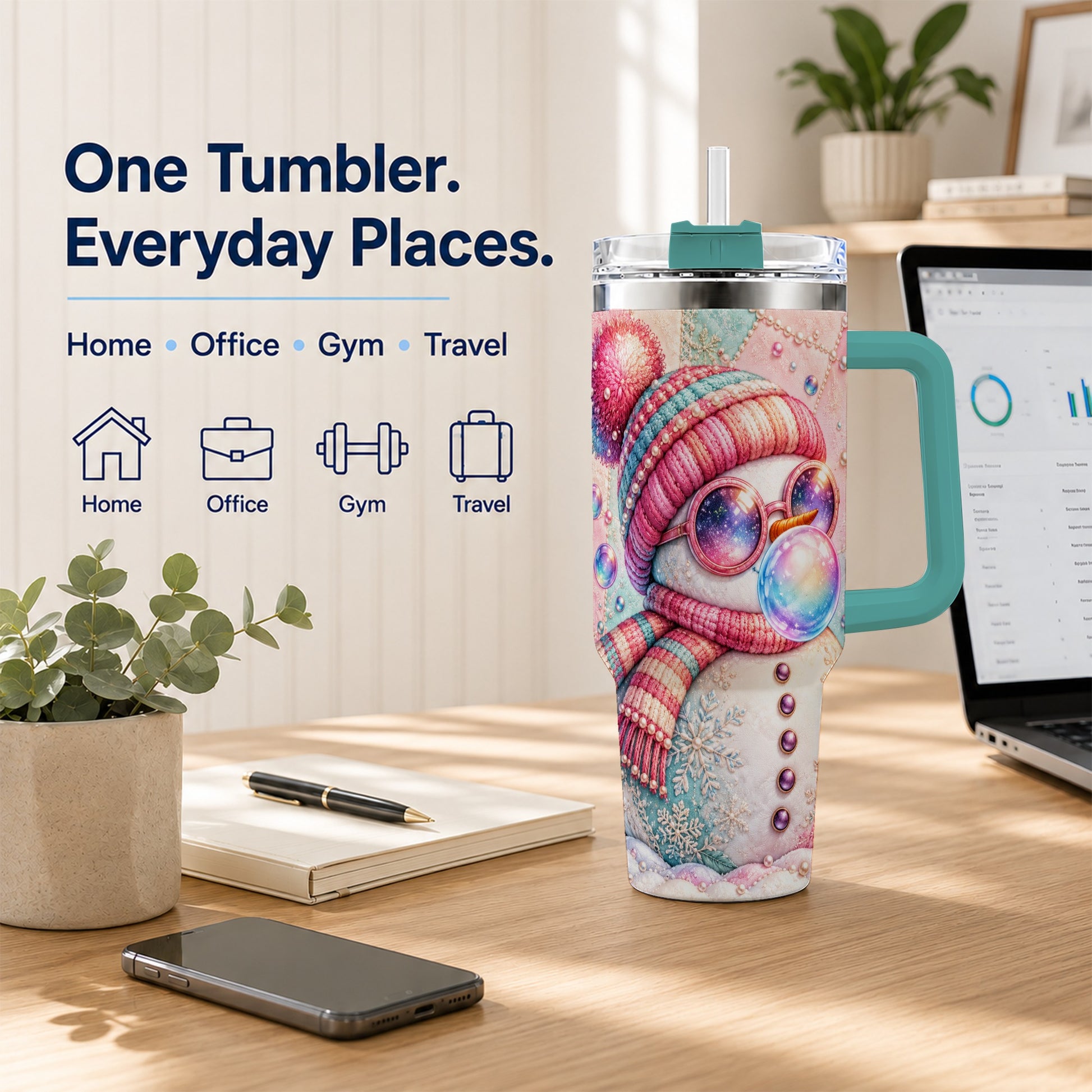 #pl[40oz|Green] Pink Snowman 40oz Tumbler with Handle, Winter Stainless Steel Travel Cup