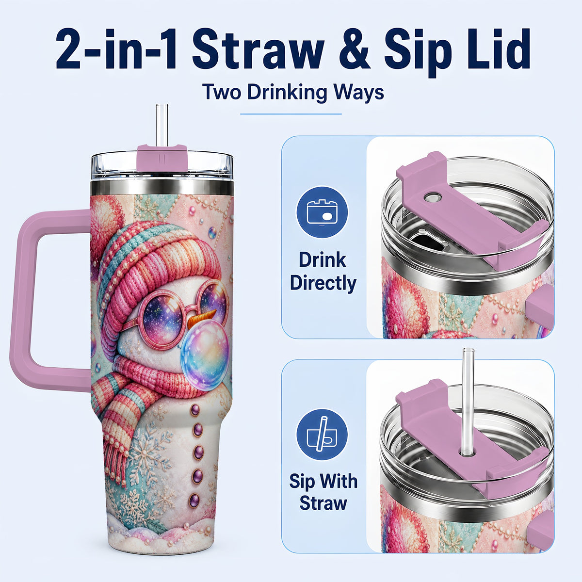 #pl[40oz|Pink] Pink Snowman 40oz Tumbler with Handle, Winter Stainless Steel Travel Cup