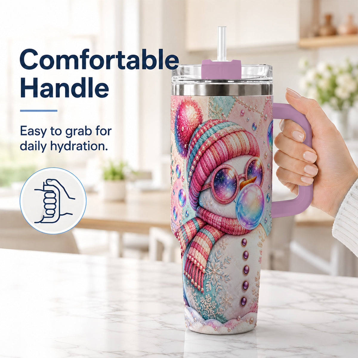 #pl[40oz|Pink] Pink Snowman 40oz Tumbler with Handle, Winter Stainless Steel Travel Cup