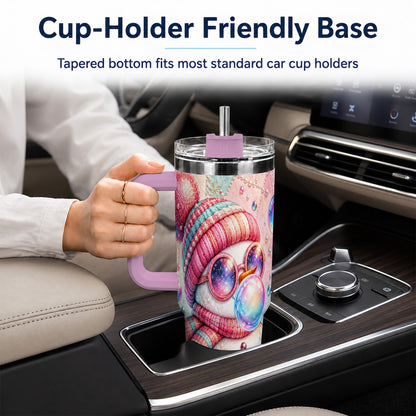 #pl[40oz|Pink] Pink Snowman 40oz Tumbler with Handle, Winter Stainless Steel Travel Cup