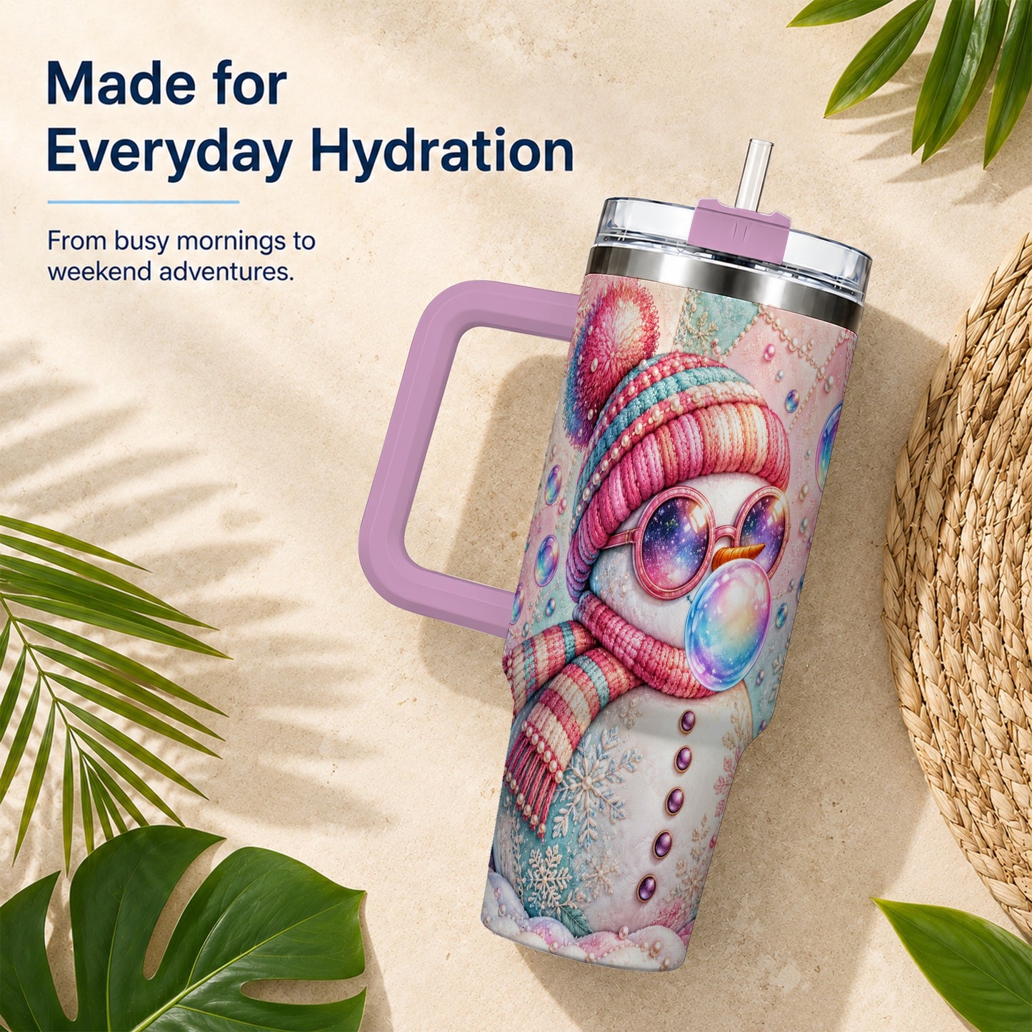 #pl[40oz|Pink] Pink Snowman 40oz Tumbler with Handle, Winter Stainless Steel Travel Cup