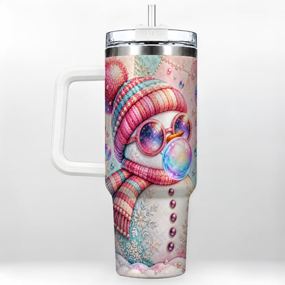 Pink Snowman 40oz Tumbler with Handle, Winter Stainless Steel Travel Cup