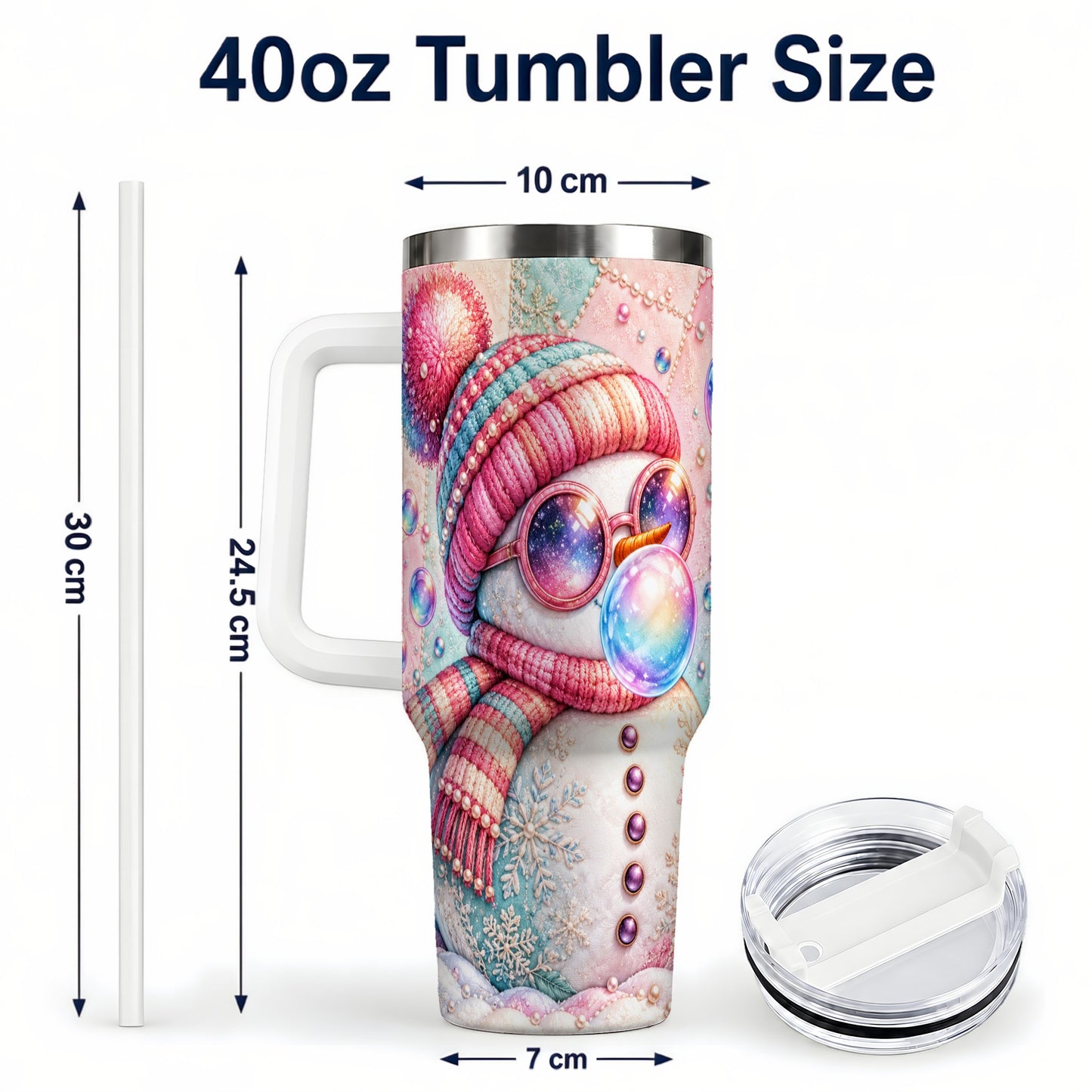 #pl[40oz|White] Pink Snowman 40oz Tumbler with Handle, Winter Stainless Steel Travel Cup
