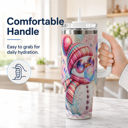 #pl[40oz|White] Pink Snowman 40oz Tumbler with Handle, Winter Stainless Steel Travel Cup