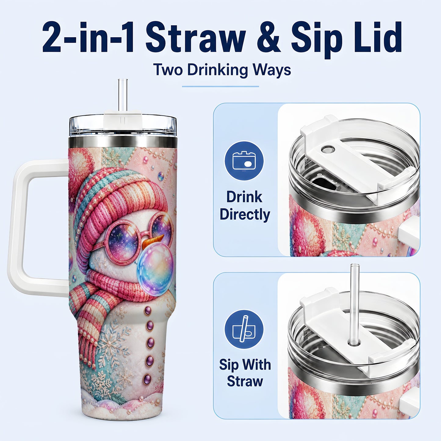 #pl[40oz|White] Pink Snowman 40oz Tumbler with Handle, Winter Stainless Steel Travel Cup
