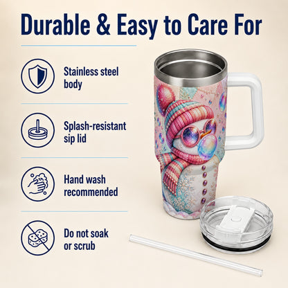 #pl[40oz|White] Pink Snowman 40oz Tumbler with Handle, Winter Stainless Steel Travel Cup