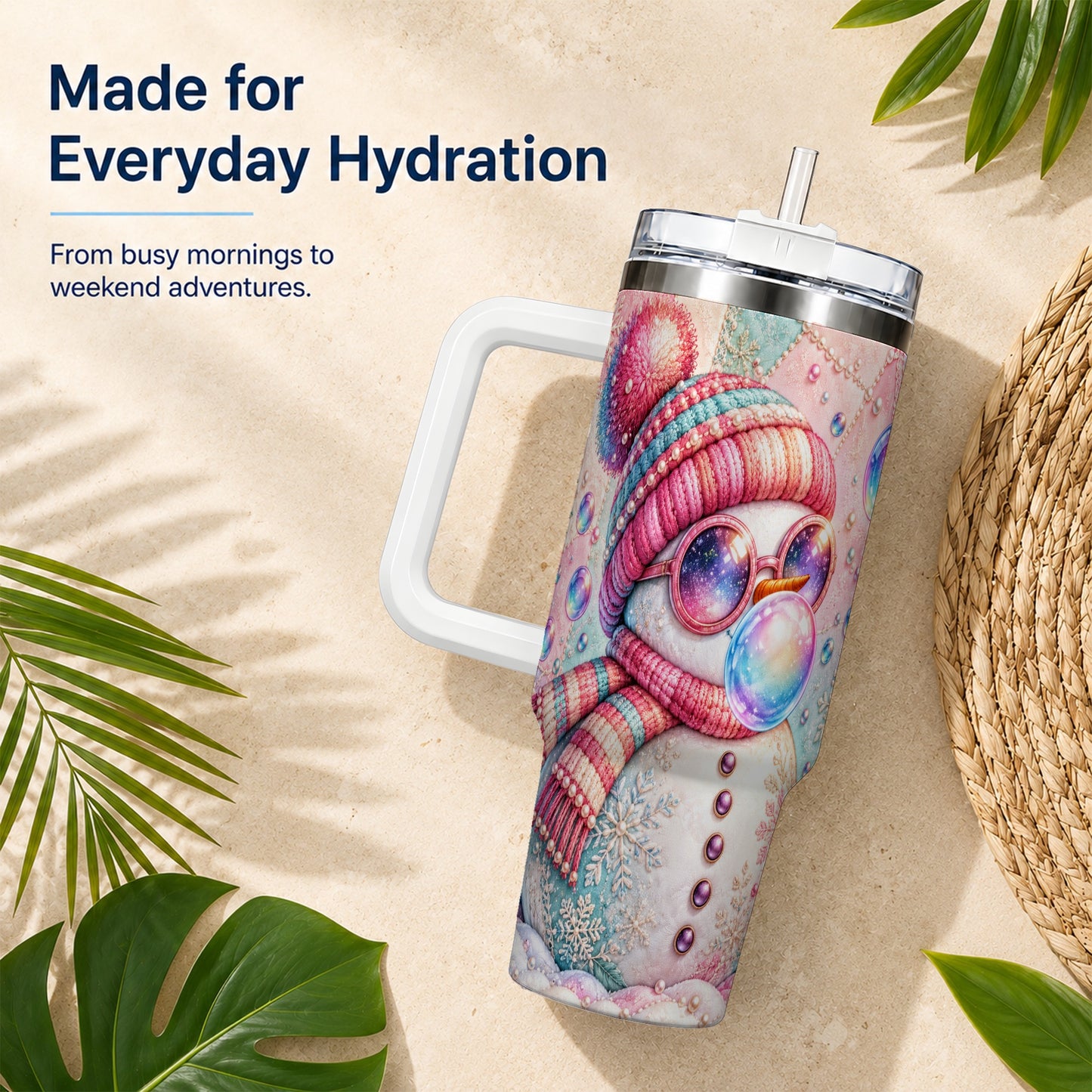 #pl[40oz|White] Pink Snowman 40oz Tumbler with Handle, Winter Stainless Steel Travel Cup