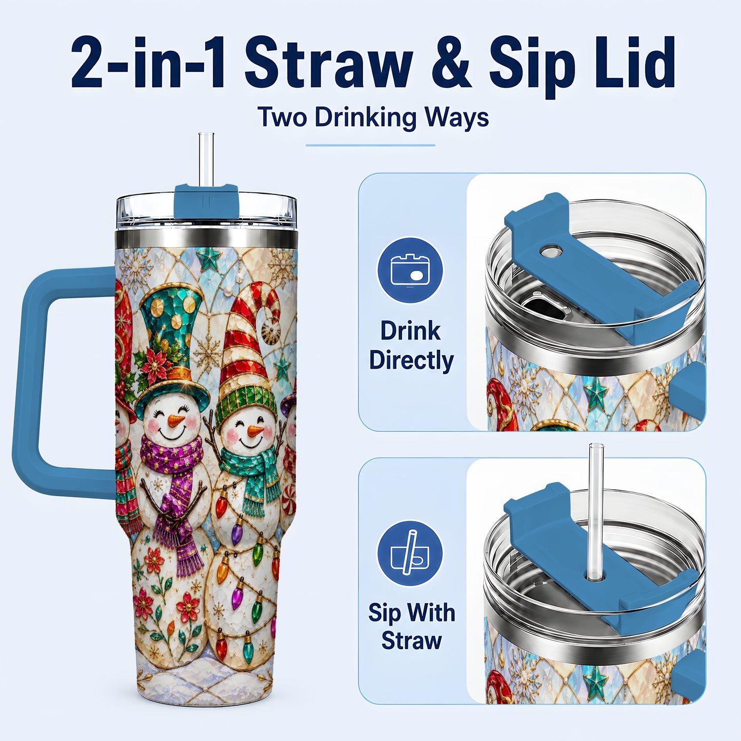 #pl[40oz|Blue] Snowman Family Tumbler 40oz, Christmas Tumbler, Stainless Steel Travel Cup