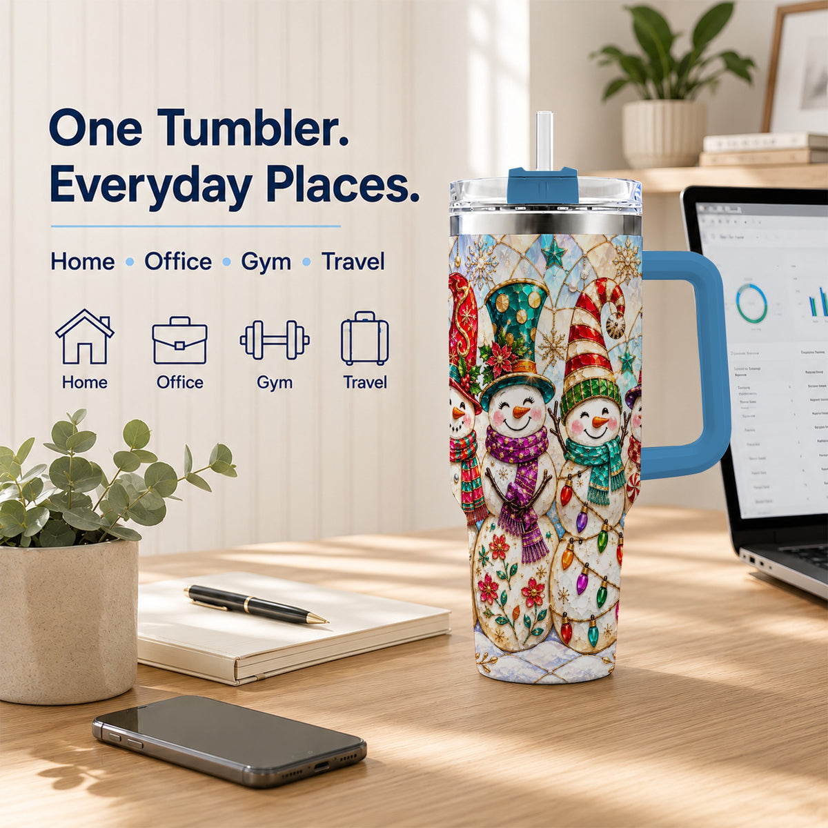 #pl[40oz|Blue] Snowman Family Tumbler 40oz, Christmas Tumbler, Stainless Steel Travel Cup