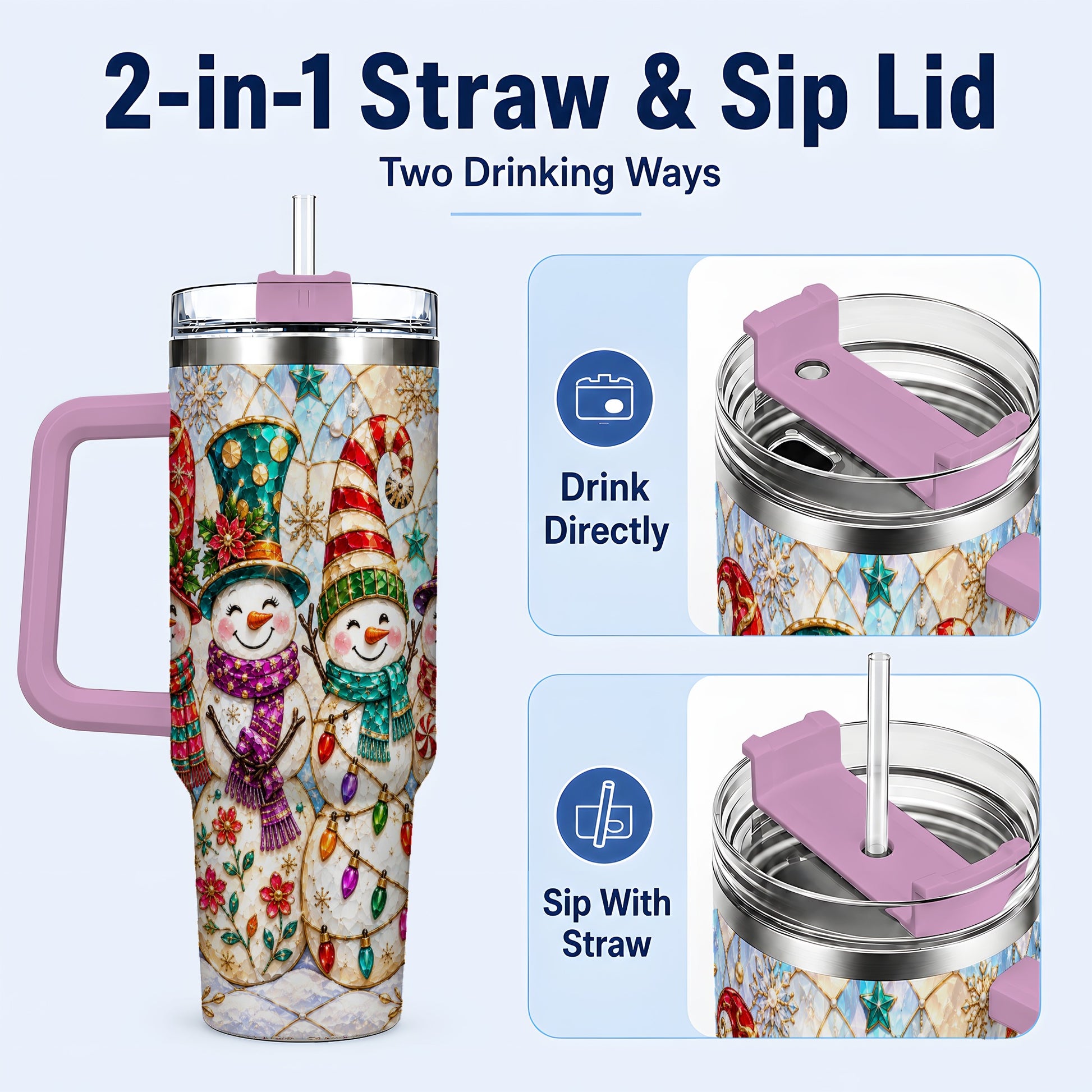 #pl[40oz|Pink] Snowman Family Tumbler 40oz, Christmas Tumbler, Stainless Steel Travel Cup
