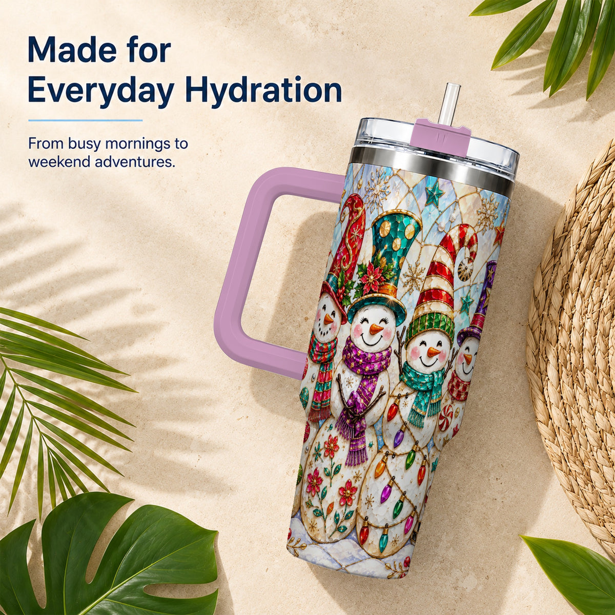 #pl[40oz|Pink] Snowman Family Tumbler 40oz, Christmas Tumbler, Stainless Steel Travel Cup