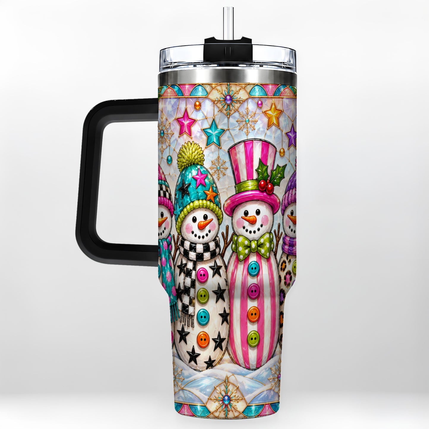 #pl[40oz|Black] Colorful Snowman 40oz Tumbler with Handle, Christmas Travel Cup