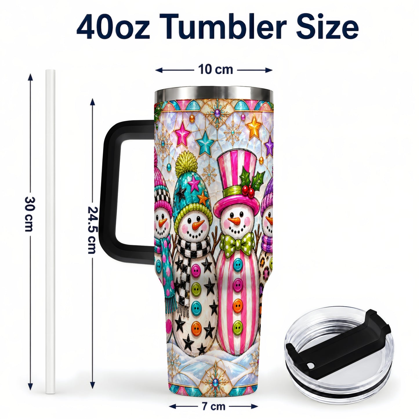 #pl[40oz|Black] Colorful Snowman 40oz Tumbler with Handle, Christmas Travel Cup