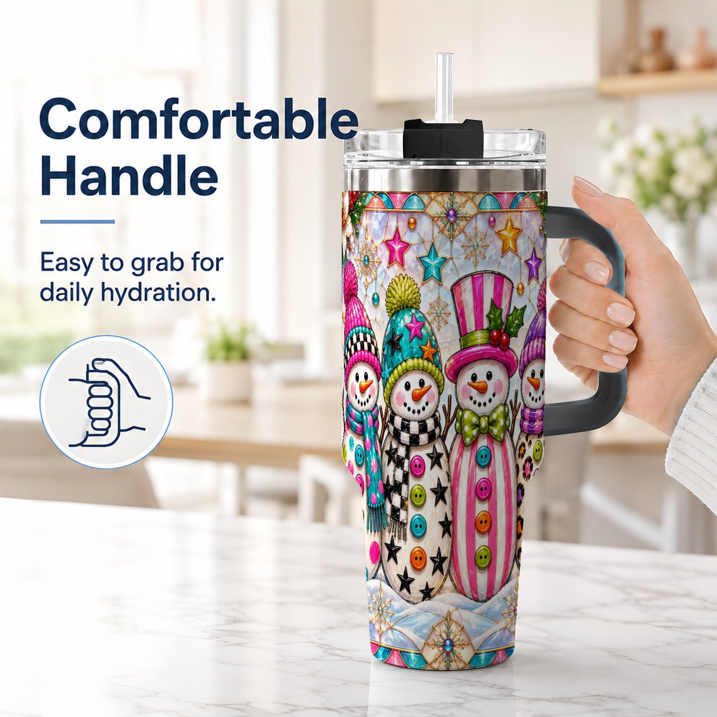 #pl[40oz|Black] Colorful Snowman 40oz Tumbler with Handle, Christmas Travel Cup